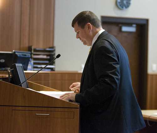 Paul Fraughton | The Salt Lake Tribune
Assistant Attorney General, Patrick Nolan argues before Judge Donald Eyre that the maximum sentence be given to Roberto Roman. Roman was acquitted of the murder of Millard County Deputy Josie Fox, but was found guilty of tampering with evidence and possession of a dangerous weapon by a restricted person.
 Wednesday, October 24, 2012