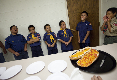 Mike Terry | Special to the Tribune

Cub Scouts from Pack 4183 of the Volta Samoan Ward sing cheers before being awarded pizza at a meetinghouse of The Church of Jesus Christ of Latter-day Saints in West Valley City, Utah, on Thursday, Oct. 11, 2012.  The Scouts were learning how to make quick meals from simple grocery items.