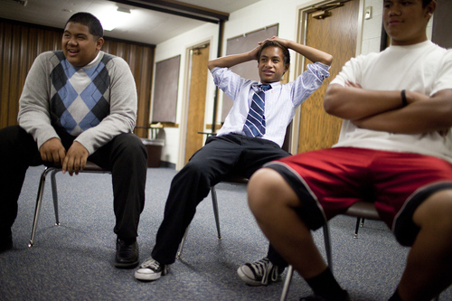 Mike Terry | Special to the Tribune

(From left) Jordan Tutasi, Mason Fu'e and Tala Losi have a laugh during a meeting of young men who belong to the Volta Samoan Ward at a meetinghouse of The Church of Jesus Christ of Latter-day Saints in West Valley City, Utah, on Thursday, Oct. 11, 2012.