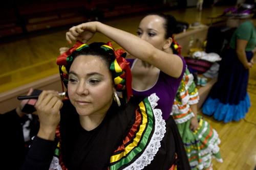 Kim Raff | The Salt Lake Tribune
Sarahi Ponce has her makeup done before a rehearsal at a Salt Lake City LDS ward for a Latino cultural program to be held next week in Spanish at the Conference Center.