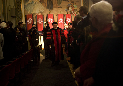 Kim Raff | The Salt Lake Tribune
The 15th University of Utah president, David Pershing, walks in during the procession during his inauguration at Kingsbury Hall in Salt Lake City on Thursday, October 25, 2012.