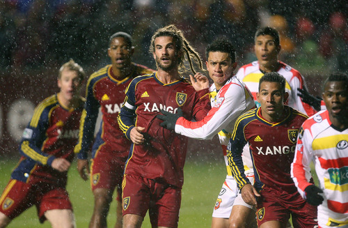 Steve Griffin | The Salt Lake Tribune
Kyle Beckerman and his Real Salt Lake teammates push into the box as they wait for a corner kick during a CONCACAF match against  C.S. Herediano at Rio Tinto Stadium in Sandy on Oct. 23, 2012.