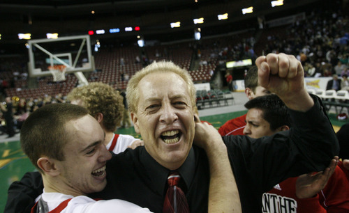Scott Sommerforf | The Salt Lake Tribune
Former West High coach Bob Lyman is shown celebrating with his team after their 4A championship win in 2009. Lyman has filed a federal lawsuit against the Salt Lake City School District, alleging it failed to inform him of his rights under the Family Medical Leave Act when he needed time off for a heart condition.