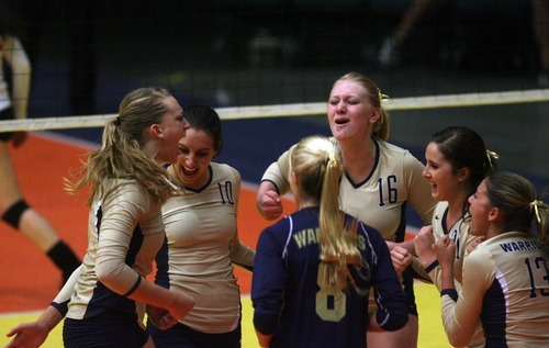 Kim Raff | The Salt Lake Tribune
Snow Canyon celebrates winning a set against Judge Memorial during the 3A state volleyball quarterfinal at the UCCU Center at Utah Valley University in Orem, Utah on October 26, 2012. Snow Canyon went on to win the match.