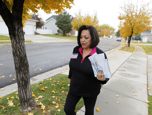 Al Hartmann  |  The Salt Lake Tribune
Josie Valdez, who's running for Utah Senate District 8 walks a neighborhood to meet her constituents. The district includes most of Cottonwood Heights, Midvale and Murray.