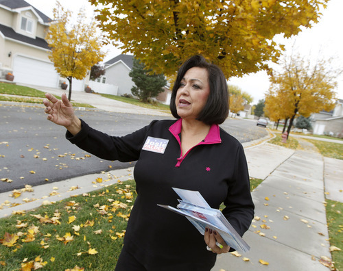 Al Hartmann  |  The Salt Lake Tribune
 Josie Valdez, who's running for Utah Senate District 8, walks a neighborhood to meet her constituents in the district, which includes most of Cottonwood Heights, Midvale and Murray.