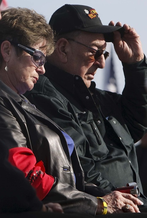 Leah Hogsten  |  The Salt Lake Tribune
Frank Mishak and his wife Marlys from Clear Lake, Iowa honored the memory of their son Sgt. Blaine A. Mishak Saturday, October 26, 2012. Twenty years ago on Monday October 29, 1992, 12 Army Rangers and Air Force special operations troops perished in a helicopter crash just north of Antelope Island. On Saturday, their families, friends and those who helped with the rescue and recovery celebrated their memory with a rededication of a monument on Antelope Island. The crash of the Air Force MH-60G Pave Hawk helicopter, was the last chopper in a four-helicopter formation that was carrying Army and Air Force special operations troops from HAFB to the Army's Dugway Proving Ground as part of a training exercise.