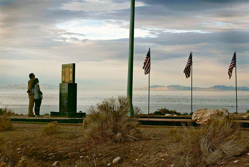 Leah Hogsten  |  The Salt Lake Tribune
The memorial to 12 Army Rangers and Air Force special operations troops that perished in a helicopter crash just north of Antelope Island twenty years ago on Monday October 29, 1992. On Saturday October 27, 2012, their families, friends and those who helped with the rescue and recovery celebrated their memory with a rededication of a monument on Antelope Island. The crash of the Air Force MH-60G Pave Hawk helicopter, was the last chopper in a four-helicopter formation that was carrying Army and Air Force special operations troops from HAFB to the Army's Dugway Proving Ground as part of a training exercise.