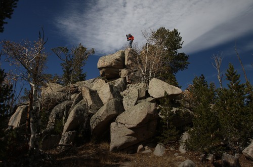 Rick Egan  |  The Salt Lake Tribune 

Wally Macfarlane takes a panoramic photo of a whitebark pine forest from a rock minaret in the Wind River Mountains of Wyoming, Monday, October 1, 2012. He is attempting to document annual encroachment by mountain pine beetles.