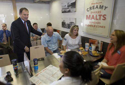 Paul Fraughton | Salt Lake Tribune
Governor Gary Herbert chats with supporters at a lunch-time campaign stop at Hires Drive In in Salt Lake City. The Republican incumbent has run a low-profile campaign, but has a large campaign fund in case things heat up.