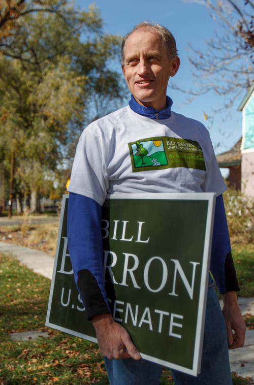 Trent Nelson  |  The Salt Lake Tribune
Senate candidate Bill Barron is running on an environmental platform. He spoke to voters while going door to door Saturday October 27, 2012 in Salt Lake City, Utah.