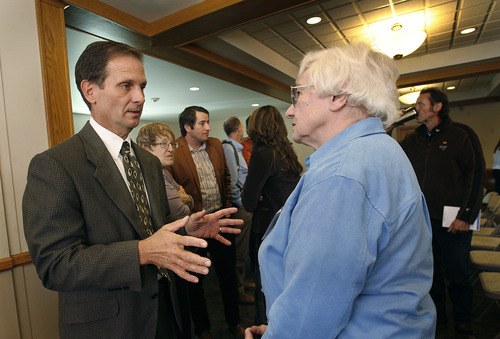 Scott Sommerdorf  |  The Salt Lake Tribune              
Candidate Chris Stewart speaks with Beth Phillips after the candidate forum for those running for U.S. Senate and House District 2 at the Wasatch Presbyterian Church, Sunday, October 28, 2012.