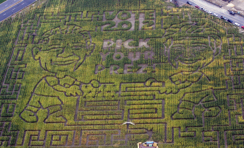 Francisco Kjolseth  |  The Salt Lake Tribune
Thanksgiving Point in Lehi, shows off its latest corn maze that will allow people to "pick their prez" before the rest of the nation with paths depicting presidential candidate Mitt Romney and president Barack Obama along with a maze honoring the 100th birthday of Girl Scouts. The Cornbelly's Corn Maze & Pumpkin Fest opens to the public Friday Sept. 28 at Thanksgiving Point with a number of fall games and festivities.