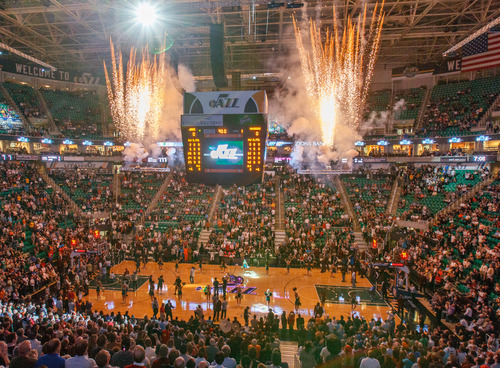 Trent Nelson  |  The Salt Lake Tribune
Fireworks kick off the season opener as the Utah Jazz host the Dallas Mavericks on Wednesday, Oct. 31, 2012 at EnergySolutions Arena in Salt Lake City.