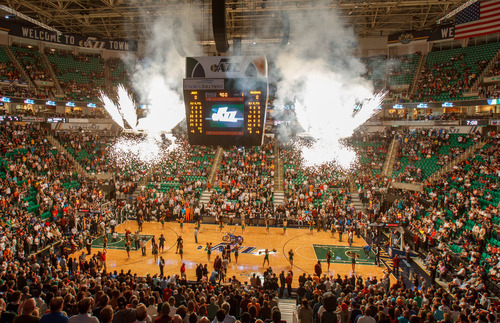 Trent Nelson  |  The Salt Lake Tribune
Fireworks kick off the season opener as the Utah Jazz host the Dallas Mavericks on Wednesday, Oct. 31, 2012 at EnergySolutions Arena in Salt Lake City.