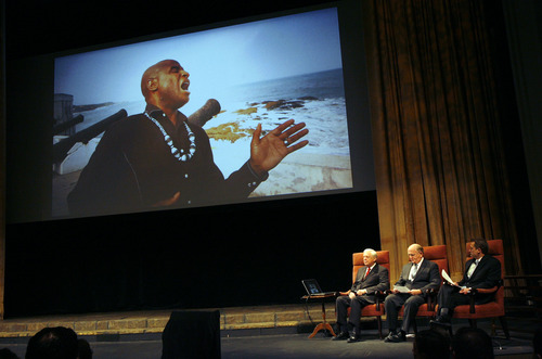 Francisco Kjolseth  |  The Salt Lake Tribune
Alex Boyé is featured on screen as the Mormon Tabernacle Choir goes global with the launch of its YouTube Channel announced on Tuesday, Oct. 30. Also pictured are choir president Ron Jarrett, music director Mack Wilberg and associate music director Ryan Murphy.