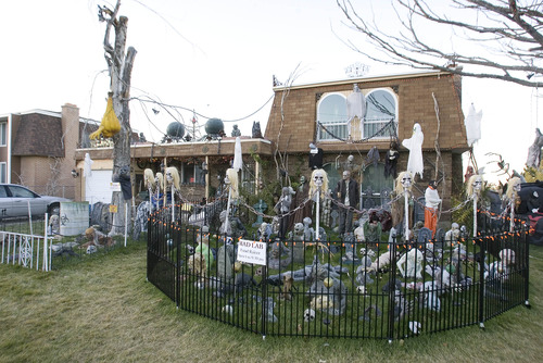 Paul Fraughton | The Salt Lake Tribune
The  West Valley City home of James Gamble is transformed into a  mad scientist's laboratory on the inside with a yard full of goblins and ghouls on the outside.