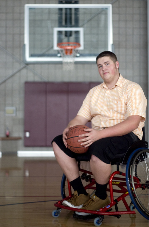 Kim Raff | The Salt Lake Tribune
Marcus Bockman has a degenerative desease that is keeping him from playing high school basketball.  He has taken up wheelchair basketball in it's place and plays at Copperview Recreation Center where he poses for a portrait in Midvale, Utah on October 29, 2012.
