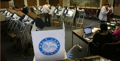 Steve Griffin | The Salt Lake Tribune


Salt Lake County residents take advantage of the early voting presses as they cast their ballots at Murray City Hall in Murray, Utah Thursday November 1, 2012.