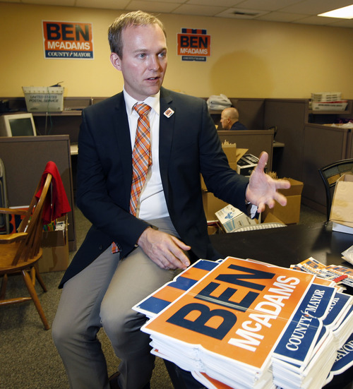 Al Hartmann  |  The Salt Lake Tribune  
Democrat Ben McAdams has emphasized that "he's different" from most other political candidates and has the right temperament to be Salt Lake County's mayor.