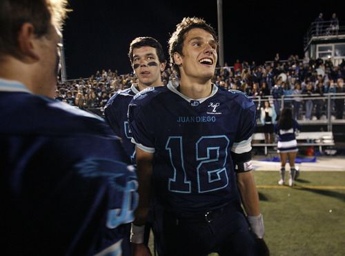 Scott Sommerdorf  |  The Salt Lake Tribune              
Juan Diego QB Nick Markosian, #12, was one of the Soaring Eagles' offensive stars, here on the sidelines after he was lifted from the game late in the second half. Juan Diego beat Hurricane 38-0 in a 3A state quarterfinal playoff game, Friday, November 2, 2012.