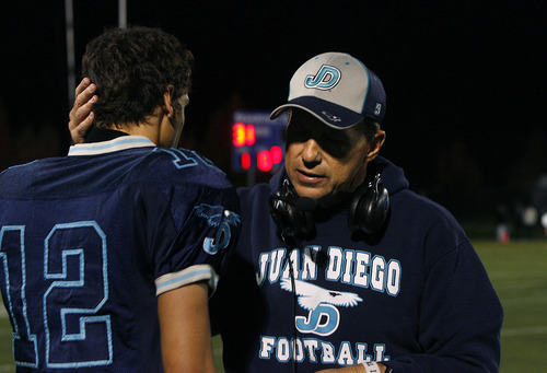 Scott Sommerdorf  |  The Salt Lake Tribune              
Head coach John Colosimo congratulates QB Nick Markosian for a good game after he pulled Markosian from the lineup late in the second half. Juan Diego beat Hurricane 38-0 in a 3A state quarterfinal playoff game, Friday, November 2, 2012.