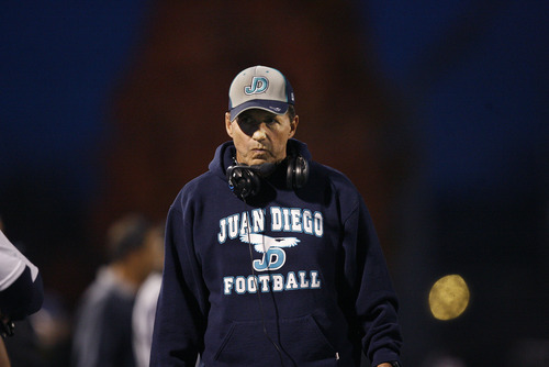 Scott Sommerdorf  |  The Salt Lake Tribune              
Juan Diego head coach John Colosimo prowls the sidelines during his team's playoff win. Juan Diegobeat Hurricane 38-0 in a 3A state quarterfinal playoff game, Friday, November 2, 2012.