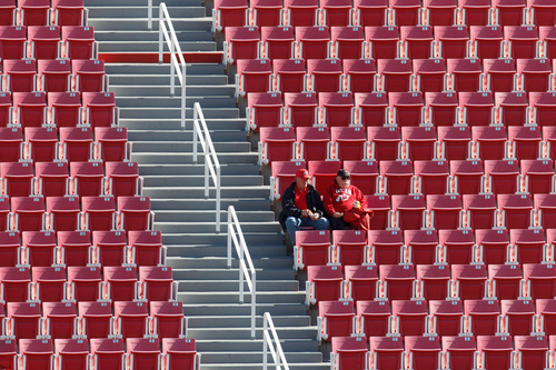 Trent Nelson  |  The Salt Lake Tribune
A pair of early-arriving Utah fans seem to have their section to themselves as Utah hosts Washington State, college football at Rice-Eccles Stadium Saturday November 3, 2012 in Salt Lake City.