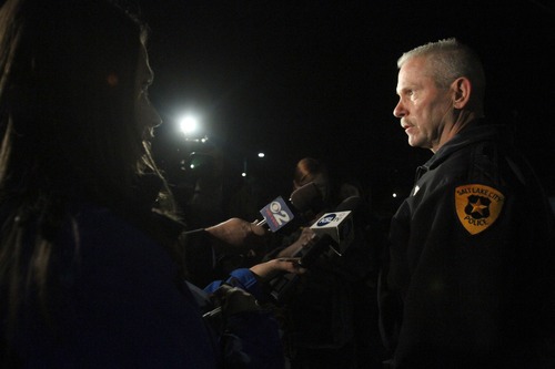 Rick Egan  |  The Salt Lake Tribune 
Salt Lake City police Lt. Carl Merino talks about the two people who were injured in a shooting near 600 East 2100 South in Salt Lake, Sunday, November 4, 2012. The two are expected to survive.