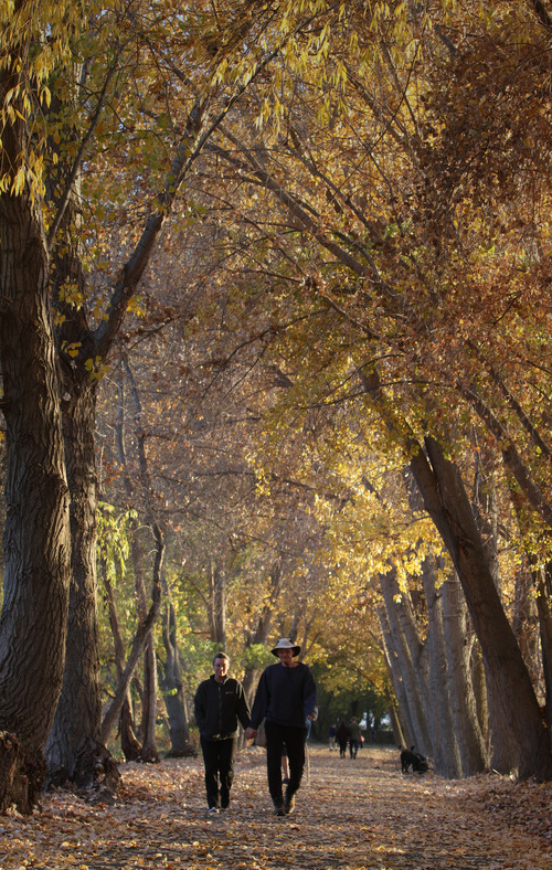 Rick Egan  | The Salt Lake Tribune 

Kristen Kibildis and John Mcugh walk along the Provo River trail near Utah Lake, Sunday, November 4, 2012.