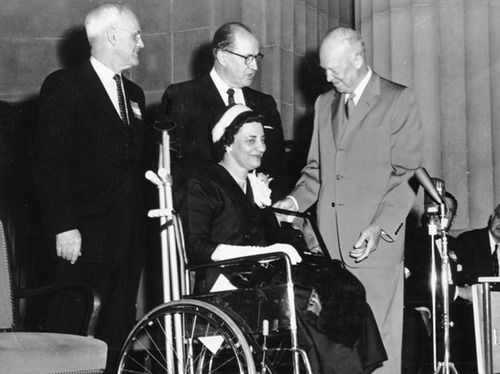 Dwight Eisenhower (right) with Ezra Taft Benson and Senator Watkins while visiting Utah in 1953. Courtesy Utah State Historical Society