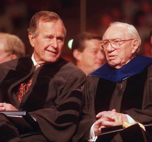 Tribune file photo

Former president George Bush visits with LDS Church President Gordon B. Hinckley prior to the 100th anniversary  observance at Southern Utah University.