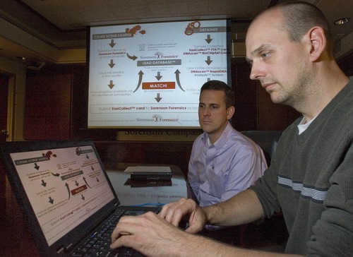 Paul Fraughton | Salt Lake Tribune
Chief Scientific Officer at Sorenson Forensics, C. Lars Mouritsen, left, and Mark Szczepanski work with the company's  new LEAD (Local Entry Accessible DNA) database.
 Tuesday, October 23, 2012