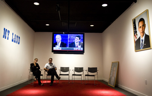 Kim Raff | The Salt Lake Tribune
People watch the screening of the vice-presidential debates in the Jonathan Horowitz "Your Land / My Land: Election '12" installation at the Utah Museum of Contemporary Art in Salt Lake City.