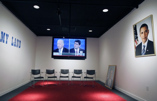 Kim Raff | The Salt Lake Tribune
Screening of the vice-presidential debates in the Jonathan Horowitz "Your Land / My Land: Election '12" installation at the Utah Museum of Contemporary Art in Salt Lake City.