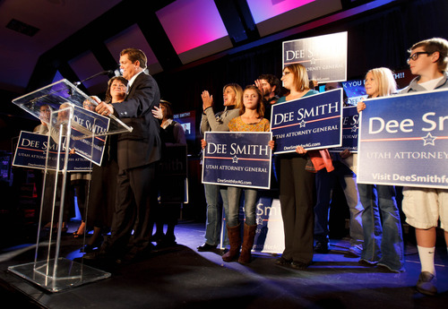 Trent Nelson  |  The Salt Lake Tribune
Utah Attorney General candidate Dee Smith gives his concession speech at the Salt Lake Sheraton Hotel, Democratic headquarters on election night Tuesday, Nov. 6, 2012, in Salt Lake City.