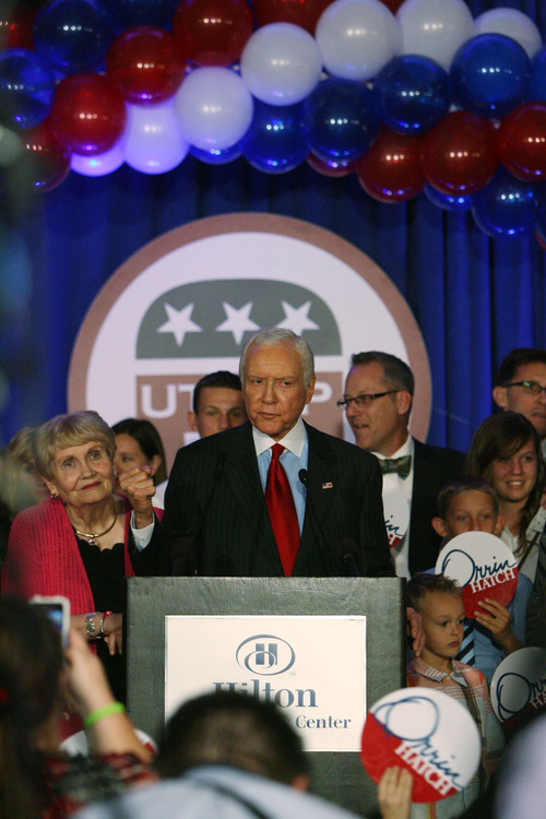 Steve Griffin | The Salt Lake Tribune


U.S. Senator, Orrin Hatch, talks to his supporters during election night party for the Republicans at the Hilton Hotel in Salt Lake City, Utah Tuesday November 6, 2012.