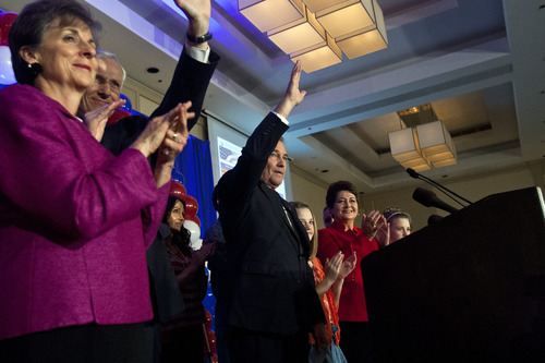 Chris Detrick  |  The Salt Lake Tribune
Utah Governor Gary R. Herbert and Utah Lt. Governor Greg Bell wave  to the crowd during the Republican Election Night Party at the Salt Lake Hilton Hotel Tuesday November 6, 2012.