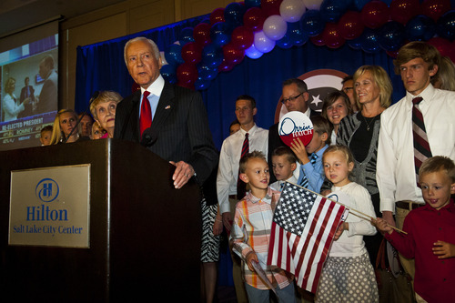 Chris Detrick  |  The Salt Lake Tribune
With his family members sharing the stage, Sen. Orrin Hatch speaks during the Republican Election Night Party at the Salt Lake Hilton Hotel Tuesday November 6, 2012.