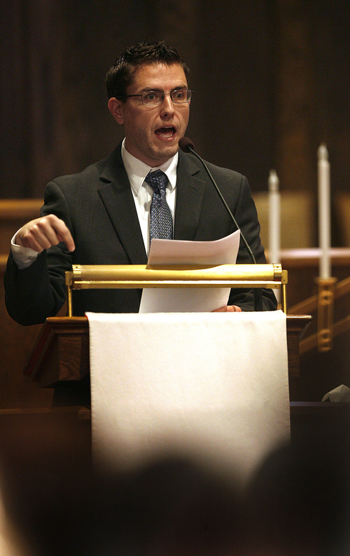 Scott Sommerdorf  |  The Salt Lake Tribune              
Josh Weed speaks at the Circling the Wagons' second annual conference held at the Wasatch Presbyterian Church in Salt Lake City, Saturday, November 3, 2012.