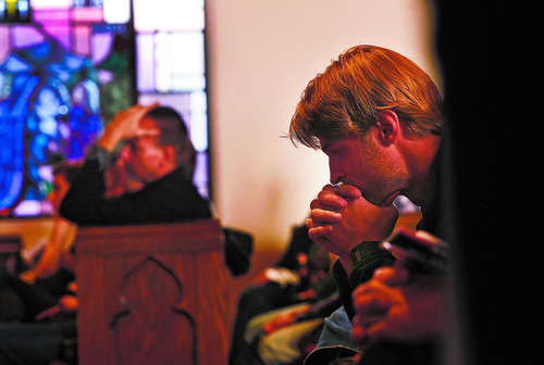 Scott Sommerdorf  |  The Salt Lake Tribune              
Justin Whitmer, right, listens during the Circle the Wagons' second annual conference held at the Wasatch Presbyterian Church in Salt Lake City, Saturday, November 3, 2012.