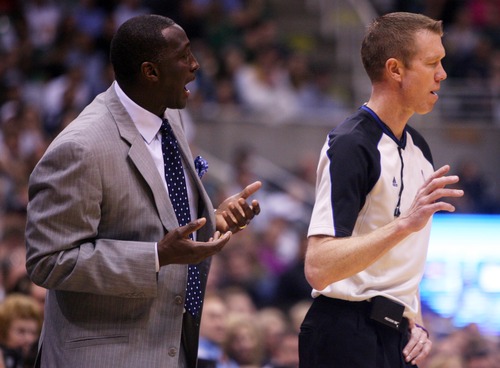 Kim Raff | The Salt Lake Tribune
Utah Jazz head coach argues about a call with an official during the second half at EnergySolutions Arena in Salt Lake City, Utah on November 7, 2012. Jazz went on to win the game 95-86.