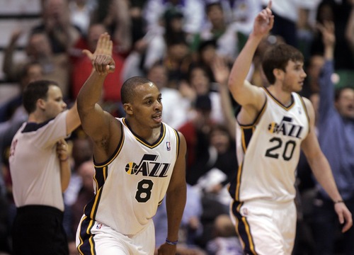 Kim Raff | The Salt Lake Tribune
Utah Jazz point guard Randy Foye (8) celebrates making a three point shot during the second half against the LA Lakers during a game at EnergySolutions Arena in Salt Lake City, Utah on November 7, 2012.