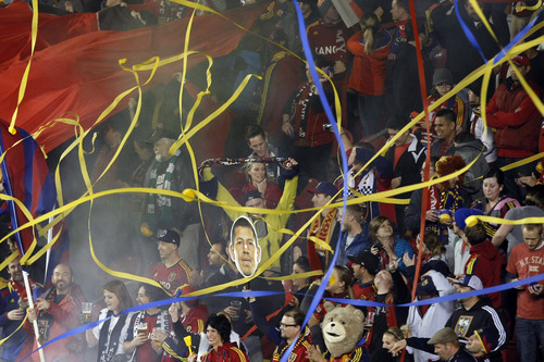 Chris Detrick  |  The Salt Lake Tribune
RSL fans cheer during the first half of the Major League Soccer playoff game at Rio Tinto Stadium Thursday November 8, 2012. The score is 0-0 at halftime.