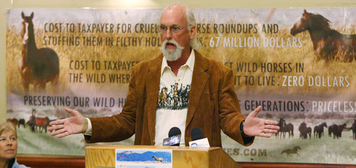 Steve Griffin | The Salt Lake Tribune
Author R.T. Fitch, talks during a press conference sponsored by the Cloud Foundation, Respect4Horses and Wild Horse Freedom Federation, dealing with the current state of America's wild horses and burros. The groups are calling for a halt to all Bureau of Land Management (BLM) roundups and an immediate investigation into allegations that stockpiled wild horses and burros are being sold to known kill buyers for eventual slaughter for human consumption abroad. The press conference was held at the Radisson Hotel in Salt Lake City on Monday October 29, 2012.