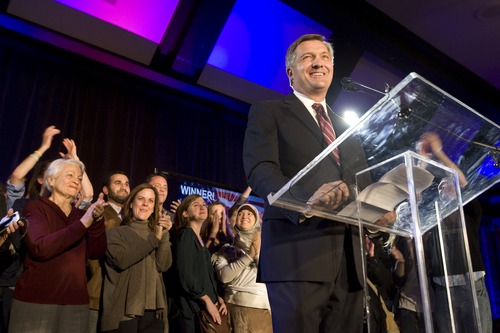 Kim Raff | The Salt Lake Tribune
Rep. Jim Matheson gives a speech after besting Republican Mia Love in unofficial results on Election Night. Thousands of votes remain uncounted but it would be difficult for Love to overcome Matheson's edge.