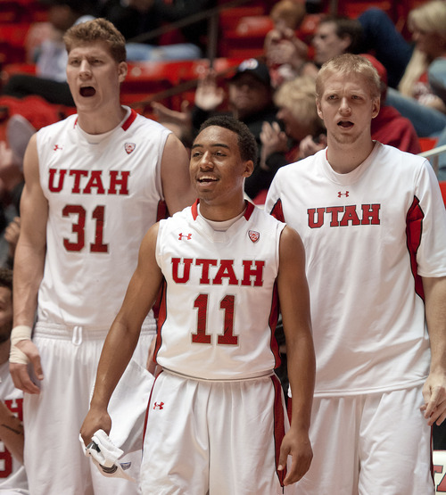 Michael Mangum  |  Special to the Tribune

The Utah bench celebrates a Utah score during their game  against the Willamette Bearcats at the Huntsman Center on Friday, November 9, 2012. The Utes beat the Bearcats 104-47.