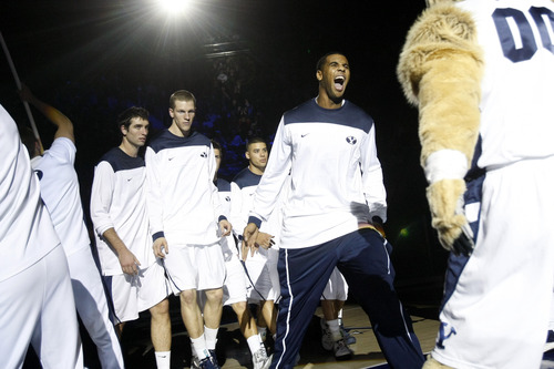 Chris Detrick  |  The Salt Lake Tribune
Brigham Young Cougars forward Brandon Davies (0) is introduced before half of the game at the  Marriott Center Friday November 9, 2012.  BYU is winning the game 32-28.