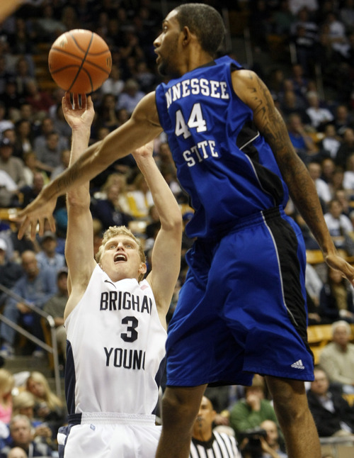 Chris Detrick  |  The Salt Lake Tribune
Brigham Young Cougars guard Tyler Haws (3) shoots past Tennessee State Tigers forward Michael Green (44) during the second half of the game at the  Marriott Center Friday November 9, 2012.  BYU won the game 81-66.
