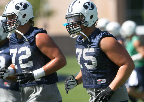 Steve Griffin | The Salt Lake Tribune


 BYU lineman, Braden Brown, runs drills during practice at the football practice facility in Provo, Utah Monday August 6, 2012.